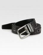 Handsomely woven calfskin leather accented by a smooth metal buckle.Metal buckleAbout 1 wideMade in Italy