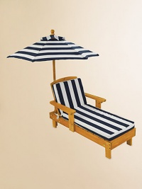 Perfect for lounging and dreaming, this sturdy wooden construction is weather resistant and includes a classic striped umbrella and chaise cushion to keep your little ones covered and comfortable.Chaise is constructed from Sanmu wood and foamMatching canvas umbrella and chaise cushionChaise: 19.5L X 35.9W X 20.1HUmbrella: 30 diameterImported