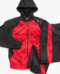 Warm him up and keep out the cold with these track pants from Puma. Warm him up and keep out the cold with these track pants from Puma.