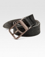 Worn and weathered calfskin leather with an distressed metal logo buckle. About 1¾ wide Made in Italy 