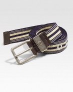 A striped classic with leather trim and burnished metal buckle.65% acrylic/30%polyproylene/5% polyethyleneAbout 1 wideMade in Italy