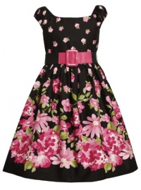 Size-6X BNJ-5462B Black and Pink Floral Border Print Belted Peasant Dress,B35462 Bonnie Jean LITTLE GIRLS