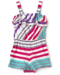 This summer, it's all about stripes. Splendid announces the season with a multi-striped romper trimmed with spaghetti straps, gathered waist and 2-tier ruffles along the chest. This summer, it's all about stripes. Splendid announces the season with a multi-striped romper trimmed with spaghetti straps, gathered waist and 2-tier ruffles along the chest.