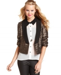 Glazed in metallic sequins, XOXO's three-quarter sleeve tuxedo blazer is all about high-end party style! Glazed in metallic sequins, XOXO's three-quarter sleeve tuxedo blazer is all about high-end party style!