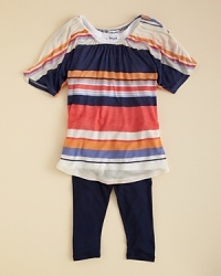 Multifarious stripes and a gentle gathering at the neck conjure up halcyon summer memories. Paired with the solid leggings, her warm-weather look is complete. Multifarious stripes and a gentle gathering at the neck conjure up halcyon summer memories. Paired with the solid leggings, her warm-weather look is complete.