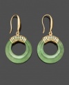 Precision style with a pop of color. Earrings feature chic, cut-out circles crafted from solid jade. Intricate Greek key-style setting made of 14k gold. Approximate drop: 1-4/10 inches.