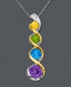 Add a citrus splash of color to your neckline. Swirl-shaped pendant features round-cut citrine (1/6 ct. t.w.), peridot (1/4 ct. t.w.), blue topaz (5/8 ct. t.w.), and amethyst (3/4 ct. t.w.). Set in sterling silver and 14k gold. Approximate length: 18 inches. Approximate drop: 1-1/2 inches.