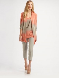 Casual and chic, rendered in a finespun cashmere/silk blend in unique dip-dye-inspired pattern.Open banded frontThree-quarter sleeves with rolled button-tab cuffsAbout 31 from shoulder to hem50% cashmere/30% silk/20% woolDry cleanMade in Italy of imported fabricModel shown is 5'9 (175cm) wearing US size Small. Casual and chic, rendered in a finespun cashmere/silk blend in unique dip-dye-inspired pattern.Open banded frontThree-quarter sleeves with rolled button-tab cuffsAbout 31 from shoulder to hem50% cashmere/30% silk/20% woolDry cleanMade in Italy of imported fabricModel shown is 5'9 (175cm) wearing US size Small.