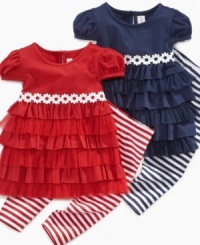 Stripes and frills are fun, especially in this dress and leggings set from Sweet Heart Rose. Stripes and frills are fun, especially in this dress and leggings set from Sweet Heart Rose.