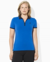 The easy, classic silhouette of Lauren Ralph Lauren's essential plus size stretch cotton jersey polo is embellished with contrast detailing for athletic style. (Clearance) The easy, classic silhouette of Lauren Ralph Lauren's essential plus size stretch cotton jersey polo is embellished with contrast detailing for athletic style. (Clearance)