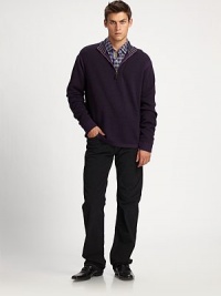 An easy throw-on layer crafted in soft merino wool with contrast stripes inside the collar and leather patches on the sleeves. Zip placketLeather elbow patchesMerino woolHand washImported An easy throw-on layer crafted in soft merino wool with contrast stripes inside the collar and leather patches on the sleeves. Zip placketLeather elbow patchesMerino woolHand washImported