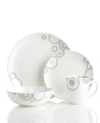 Tiny squares with a hint of shine run circles around glossy white place settings from Mikasa dinnerware. The dishes are from a fresh, spirited collection that's made for modern tables. Sparkle Circles features minimalist shapes in sturdy bone china for anytime use. Tiny squares with a hint of shine run circles around glossy white place settings from Mikasa dinnerware. The dishes are from a fresh, spirited collection that's made for modern tables. Sparkle Circles features minimalist shapes in sturdy bone china for anytime use.