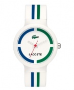 Game, set, match. A charming addition to your Lacoste tennis whites, this unisex Goa watch is crafted of white silicone strap with green and blue stripes and round white plastic case. White dial features green and blue colorblock print, iconic crocodile logo at twelve o'clock, printed text logo at six o'clock, cut-out hour and minute hands and red second hands. Quartz movement. Water resistant to 30 meters. Two-year limited warranty.