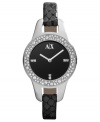 An exotic change of pace from AX Armani Exchange: an alluring timepiece with black leather and Swarovski sparkle.