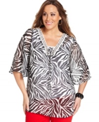Pounce on a fierce look with AGB's butterfly sleeve plus size top, accented by an embellished neckline. Pounce on a fierce look with AGB's butterfly sleeve plus size top, accented by an embellished neckline.