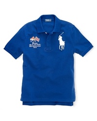 A preppy short-sleeved polo shirt in breathable cotton mesh is accented with country embroidery. A preppy short-sleeved polo shirt in breathable cotton mesh is accented with country embroidery.