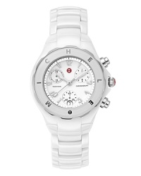 Michele Tahitian fashionable and sporty ceramic bracelet watch has three-eye chronograph functionality. Date window. Swiss movement. Water-resistant to 5 ATM (50 meters). Ceramic bracelet-style band. Signature MW crown. K-1 mineral crystal. Enamel dial. Michele Tahitian fashionable and sporty ceramic bracelet watch has three-eye chronograph functionality. Date window. Swiss movement. Water-resistant to 5 ATM (50 meters). Ceramic bracelet-style band. Signature MW crown. K-1 mineral crystal. Enamel dial.