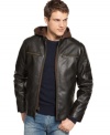 Toughen up your favorite casual combos with the sleek moto-infused look of this hooded faux leather jacket from Guess.