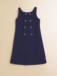 A polished and sophisticated piqué-style A-line silhouette is accented by front buttons.Round necklineSleevelessFront buttonsA-line silhouetteCotton/polyesterMachine washImported Please note: Number of buttons may vary depending on size ordered. A polished and sophisticated piqué-style A-line silhouette is accented by front buttons.Round necklineSleevelessFront buttonsA-line silhouetteCotton/polyesterMachine washImported Please note: Number of buttons may vary depending on size ordered.