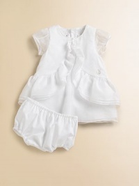 Crafted in the most lavish cotton, this angelic silhouette is adorned with cascading ruffles.Jewel necklineShort sleevesBack zipperDouble-tiered ruffle hemCottonDry cleanImported Crafted in the most lavish cotton, this angelic silhouette is adorned with cascading ruffles.Jewel necklineShort sleevesBack zipperDouble-tiered ruffle hemCottonDry cleanImported