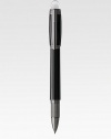 Fineliner with spring mechanism at tip, with barrel and cap made of precious resin and floating logo emblem.FinelinerUses Midnight Black refillsRuthenium-plated clipResin with inlaid logo emblemAbout 5½ longMade in Germany