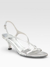 Strappy, metallic leather design, elevated by a sweet, on-trend kitten heel. Self-covered heel, 2¼ (60mm) Leather upper Leather lining and sole Padded insole Imported Strappy, metallic leather design, elevated by a sweet, on-trend kitten heel. Self-covered heel, 2¼ (60mm) Leather upper Leather lining and sole Padded insole Imported