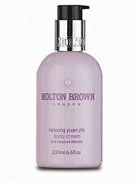 De-stress mind and body with this lavish, rapidly absorbed cream enriched with wild Chinese yuan zhi. Yuan zhi helps combat stress and promote sleep Meadow flower oil moisturizes and restores Vanilla, ylang ylang, rose relax yet uplift Apply to warm, damp skin after bathing Ideal for the evening, just before sleep 6.6 oz. De-stress mind and body with this lavish, rapidly absorbed cream enriched with wild Chinese yuan zhi. Yuan zhi helps combat stress and promote sleep Meadow flower oil moisturizes and restores Vanilla, ylang ylang, rose relax yet uplift Apply to warm, damp skin after bathing Ideal for the evening, just before sleep 6.6 oz.