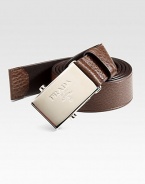 Textured leather design comes together with a logo embossed metal buckle.LeatherAbout 1¼ wideMade in Italy