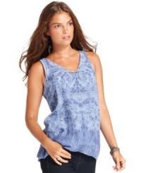 Snag a fun layered look in one easy top from Calvin Klein Jeans. An ultra-modern lace print and semi-sheer fabric makes the outer tank top a little ethereal; a solid inner layer acts as a lining! Snag a fun layered look in one easy top from Calvin Klein Jeans. An ultra-modern lace print and semi-sheer fabric makes the outer tank top a little ethereal; a solid inner layer acts as a lining!