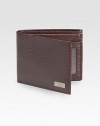 Stamped calfskin wallet with five credit card slots, two currency departments and one ID window. 4½W X 3½H Made in Italy