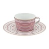 Inspired by Milleraies, Raynaud's spearhead tableware set, Attraction boasts a freer, more modern design with alternating narrow and wide stripes. It will embellish any table with its shades of pink and red, enhanced with mauve and orange and underscored subtle shades of green and brown.