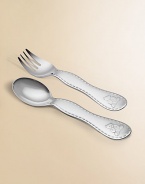 Handsomely crafted, silverplated baby spoon and fork are detailed with cuddly teddy bears. Arrives in a gift box Each, about 5 long Hand wash Made in France