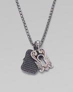 From the No Regrets Collection. Double pendants on a sterling silver box chain, one a graceful keyhole shape with goldplated rivet accents, the other a dog tag of pavé black sapphires. Black sapphire Sterling silver Rose goldplating Necklace length, about 24 Pendant length, about 1 each Lobster clasp Imported