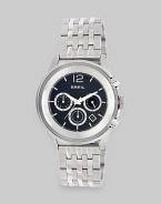 A sophisticated timepiece with a sleek stainless steel bracelet and a brilliant black dial.Quartz movementWater resistant to 10 ATMRound stainless steel case, 45mm (1.8)Smooth stainless steel bezelBlack dialThree chronograph sub-dialsBar markersSecond handStainless steel link bracelet with butterfly buckleImported