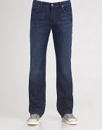 The standard against all other jeans will be measured in dark-washed denim with a relaxed fit and straight legs. Distressed edges and slight fading add a coveted worn-in look. Five-pocket design Sits higher on the waist Embroidered design on the back pockets Inseam, about 33 inseam Cotton/spandex; machine wash Imported