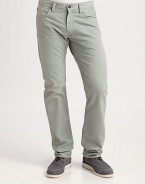 All time favorite slim straight silhouette in a lightly washed cotton twill.Five-pocket styleZip flyInseam, about 34CottonMachine washMade in USA