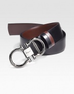 Smooth Italian leather with signature buckle. Gunmetal double gancini closure About 1½ wide Made in Italy