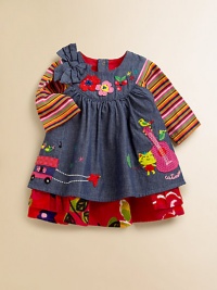 Crafted in cozy cotton, this precious frock has all the right stuff with colorful embroidery, floral prints and a bow for sweet style.Round necklineLong sleevesBack snapsLayered-look hemFully linedCottonMachine wash or dry cleanMade in France of imported fabric Please note: Number of snaps may vary depending on size ordered. Crafted in cozy cotton, this precious frock has all the right stuff with colorful embroidery, floral prints and a bow for sweet style.Round necklineLong sleevesBack snapsLayered-look hemFully linedCottonMachine wash or dry cleanMade in France of imported fabric Please note: Number of snaps may vary depending on size ordered.