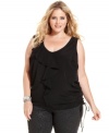 Ruffle up your look this season with DKNY Jeans' sleeveless plus size top-- layer it with a statement jacket!