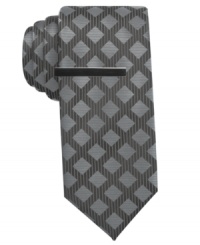 The regimented grid pattern of this Alfani silk tie adds unexpected flair to your evening-ready attire.