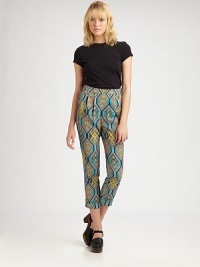 Sophisticated pleats, high rise and a vivacious tribal print define these cropped, crepe de chine pants. Side zipperSlash pocketsRise, about 12Inseam, about 25Fully linedPolyesterDry cleanMade in USA of imported fabricModel shown is 5'10 (177cm) wearing US size 2. Sophisticated pleats, high rise and a vivacious tribal print define these cropped, crepe de chine pants. Side zipperSlash pocketsRise, about 12Inseam, about 25Fully linedPolyesterDry cleanMade in USA of imported fabricModel shown is 5'10 (177cm) wearing US size 2.