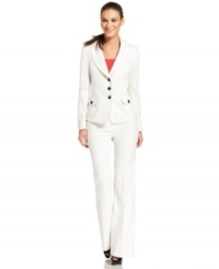 Nine West's pant suit is made striking with contrasting button closures and a subtle stripe pattern on its bright white fabric. Make it really pop by layering a colored cami underneath. Nine West's pant suit is made striking with contrasting button closures and a subtle stripe pattern on its bright white fabric. Make it really pop by layering a colored cami underneath.