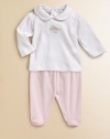 Crafted in lush pima cotton, a newborn's essential collared top and footed pants set features birdie embroidery and contrast stitching. Top Peter Pan collarLong sleevesBack snaps Pants Elastic waistbandPima cottonMachine washImported Please note: Number of snaps may vary depending on size ordered. 