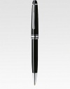 Ballpoint with twist mechanism at tip, with barrel and cap made of precious resin and floating logo emblem.BallpointPlatinum-plated clipResin with inlaid logo emblemAbout 5½ longMade in Germany