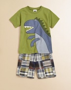 A handsome knit set with T-Rex appliqué and a pair of preppy plaid shorts, creating the ultimate boyish ensemble. Tee CrewneckShort sleevesT-Rex appliquéCottonImported of domestic fabric Shorts Elastic waistbandTwo front side pockets70% cotton/30% nylonMachine washImportedAdditional InformationKid's Apparel Size Guide 