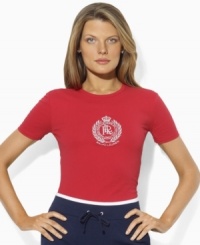 The epitome of chic heritage and easy style, Lauren by Ralph Lauren's classic tee in soft cotton jersey is embroidered with a bold metallic crest at the front. The epitome of chic heritage and easy style, Lauren by Ralph Lauren's classic tee in soft cotton jersey is embroidered with a bold metallic crest at the front.