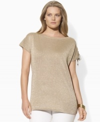 A luxurious foundation of jersey-knit silk lends itself to effortless glamor on this plus size Lauren by Ralph Lauren boat-neck top, finished with glistening metallic threads and chic lace-up detailing at the left sleeve. A luxurious foundation of jersey-knit silk lends itself to effortless glamor on this plus size Lauren by Ralph Lauren boat-neck top, finished with glistening metallic threads and chic lace-up detailing at the left sleeve.