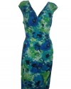RALPH LAUREN Women's Plus Size Sleeveless V-Neck Faux-Wrap Floral Sheath Cocktail Dress- AQUA MULTI-16W