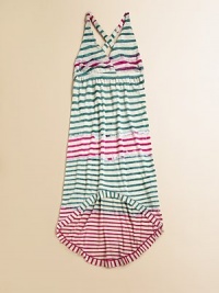 A striped dip dye print adds pizazz to this open back, flirty frock.V-neckCriss cross strapsPullover styleOpen backElastic empire waistHem longer in back80% polyester/20% rayonMachine washMade in the USA A striped dip dye print adds pizazz to this open back, flirty frock.V-neckCriss cross strapsPullover styleOpen backElastic empire waistHem longer in back80% polyester/20% rayonMachine washMade in the USA