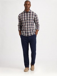 A cotton plaid classic with double buttoned chest pockets.Two flap chest pocketLong sleevesButton cuffsBack yoke and pleat detailAbout 28¼ from shoulder to hem84% cotton/14% linen/2% elastaneMachine washMade in USA of imported fabric A cotton plaid classic with double buttoned chest pockets.Two flap chest pocketLong sleevesButton cuffsBack yoke and pleat detailAbout 28¼ from shoulder to hem84% cotton/14% linen/2% elastaneMachine washMade in USA of imported fabric